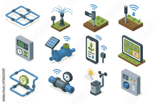 Scheduling map network irrigation vector smart valve board flow icon sprinkler control