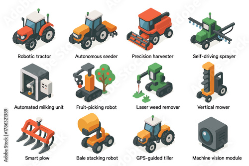 Automation farming machine robotic icons autonomous smart robot vector plow icon seeder