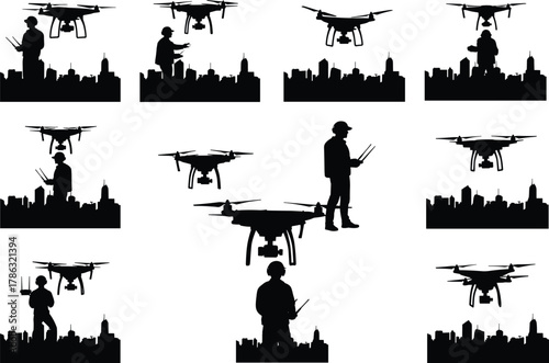 Drone operator silhouettes over city skyline, technology innovation concept, aerial photography and modern flight control design, flat vector illustration