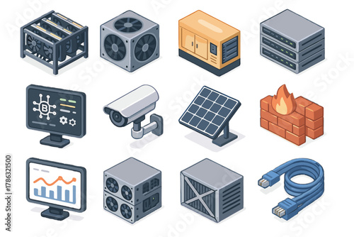 Vector icons power units cable structured backup mining blockchain surveillance air icon