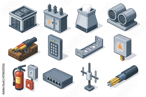 Farm racks electrical box transformer cooling signal vector tray crypto icon fire
