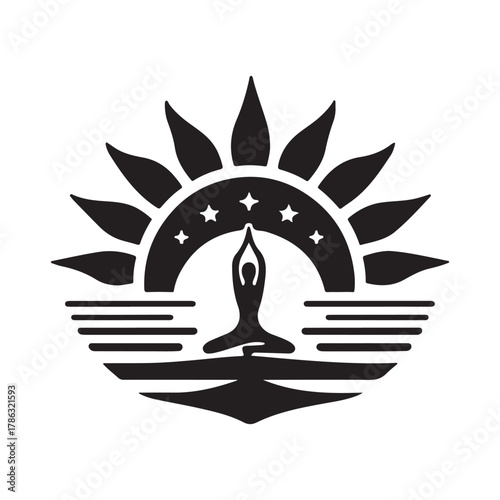 Sunrise Yoga Tree Pose vector silhouette outline logo design concept illustration