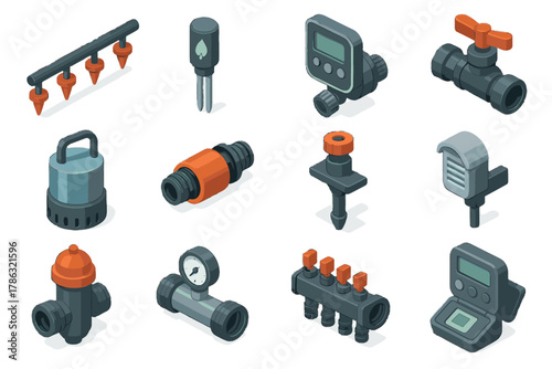 Garden vertical connector emitters vector sensor unit head icon irrigation rain hose