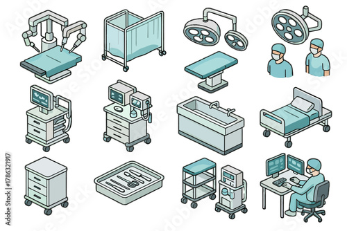 Operating trays vector surgery system monitoring machine table robotic instrument icon room