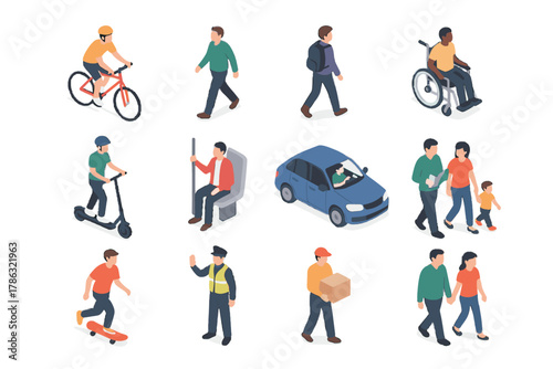 Icons pedestrian driver mobility cyclist passenger delivery urban skateboarder vector icon person