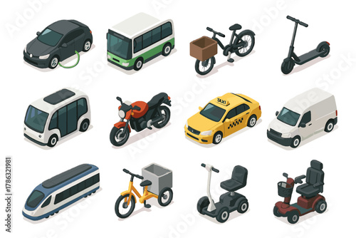 Electric icons mobility delivery autonomous urban icon vector bike van passenger car