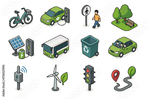 Sustainability transit icons vector zone icon air urban solar charging vehicle pedestrian