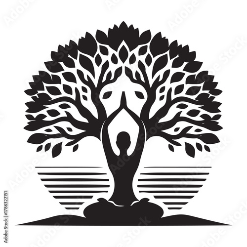 Sunrise Yoga Tree Pose vector silhouette outline logo design concept illustration