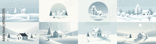 Snowy Winter Village Landscape with Small Wooden Houses and Pine Trees under Gentle Snowfall. Vektor, design, minimalist, illustrations, set icon