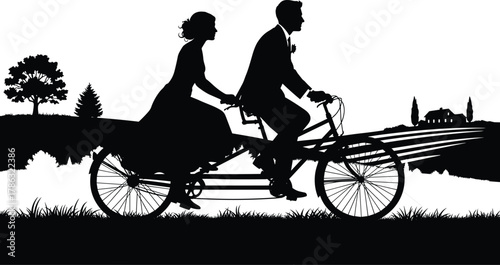 Romantic couple riding tandem bicycle, wedding love scene, countryside landscape art, vintage romance silhouette illustration, relationship journey concept, flat vector design