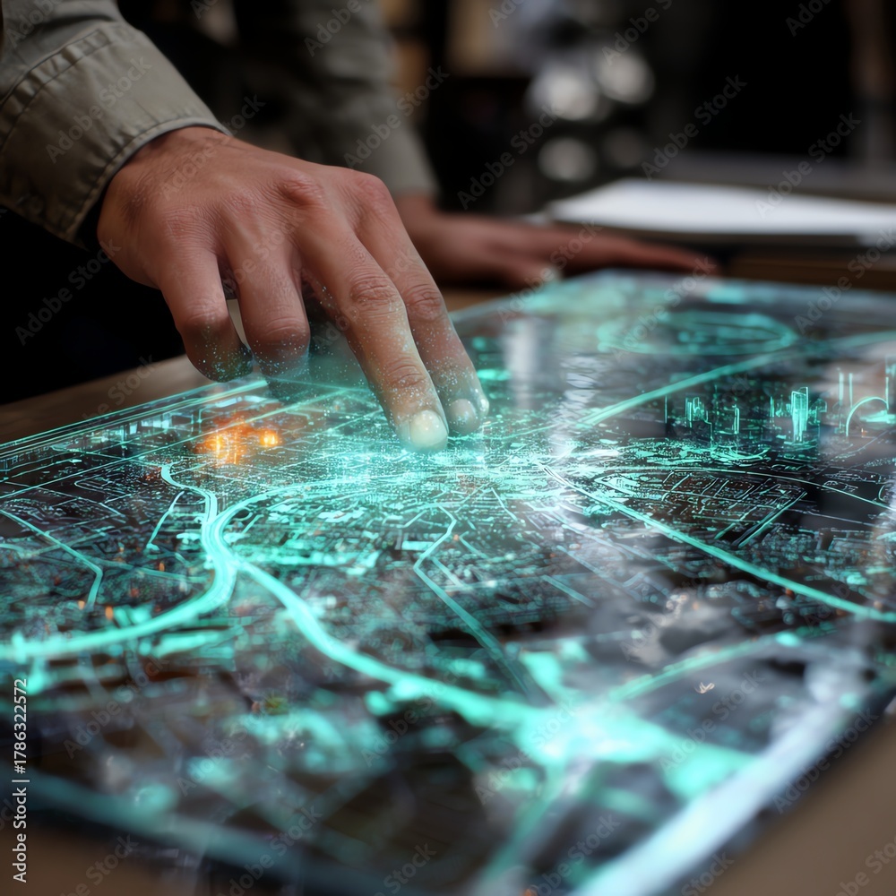 Naklejka premium A futuristic 3D holographic interface displaying an intricate digital map for advanced navigation and exploration.