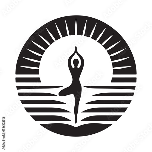 Sunrise Yoga Tree Pose vector silhouette outline logo design concept illustration