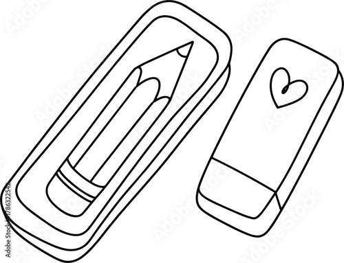 Pencil in a case and eraser with heart on white background stationery school
