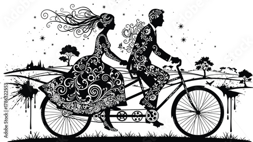 Romantic couple riding decorative bicycle, floral pattern art, love silhouette illustration, fantasy wedding scene, artistic relationship design, flat vector artwork