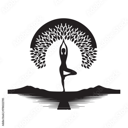 Sunrise Yoga Tree Pose vector silhouette outline logo design concept illustration