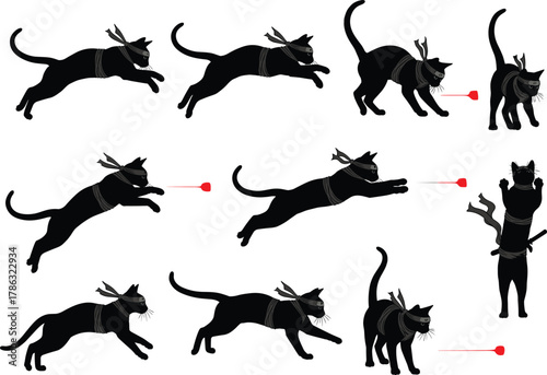 Ninja cats playing with laser pointer, funny pet action illustration, stealth feline movement art, cartoon animal concept, flat vector design
