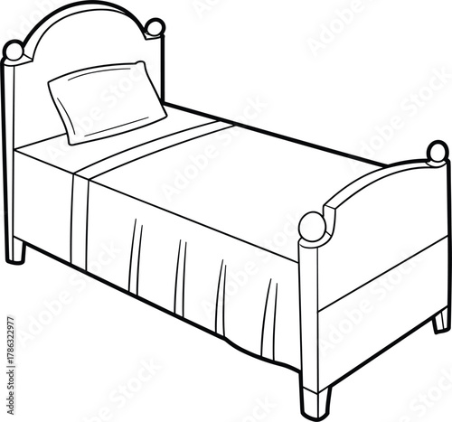 Simple Line Drawing of a Single Bed with Pillow and Blanket twin bed bedroom