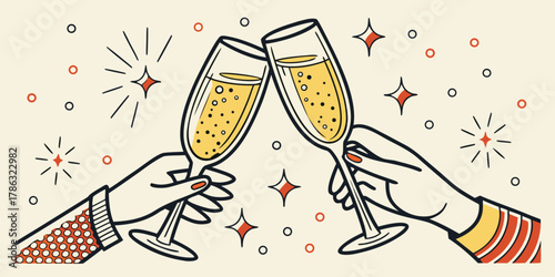  halftone hands holding champagne glasses with sparkling golden drink Vintage magazine clipping stickers. 