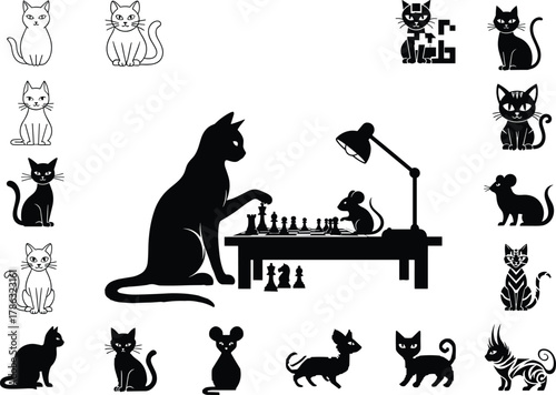 WebFlat vector illustration of cats and mice playing chess, whimsical animal scene, creative pet artwork, stylized feline characters, humorous concept