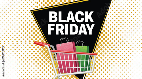 Black friday sale advertisement with shopping cart and bags on yellow background