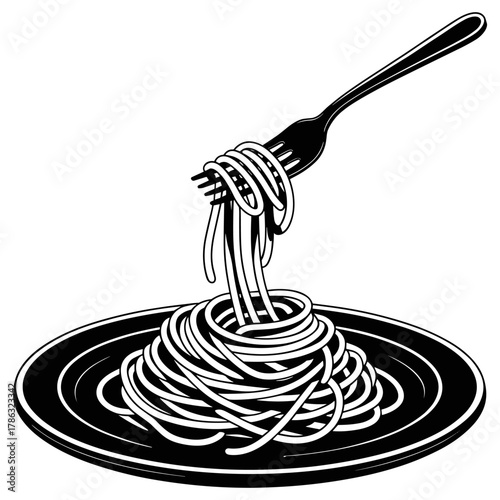 Spaghetti Dinner: A classic dish of spaghetti twirled around a fork, artfully arranged on a plate, is ready to be enjoyed. A delectable vision of Italian culinary delights.