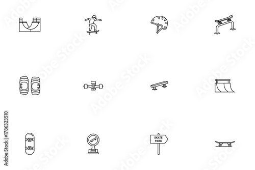 Skateboarding and Skatepark Line Icons Set