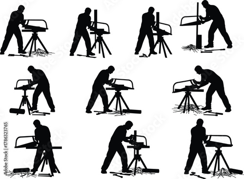 Worker cutting wood with handsaw, carpenter silhouette, woodworking process, lumber craftsman, manual labor, carpentry tool, construction job, flat vector illustration