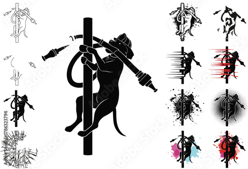 Flat vector firefighter cat silhouette climbing pole, plug in mouth, street rescue scene, artistic variations, creative animal hero illustration