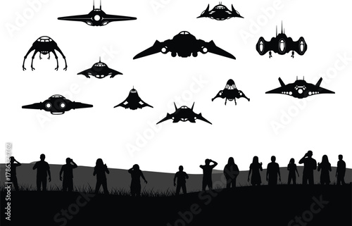 Alien spacecrafts flying above humans, sci-fi silhouette scene, futuristic arrival moment, extraterrestrial encounter illustration, flat vector dramatic sky composition