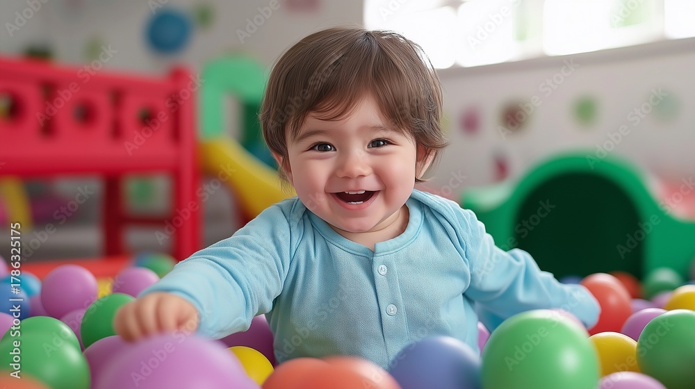 Obraz premium A toddler in a blue onesie, happily exploring a sea of bright rainbow-coloured balls in an indoor activity center, with colorful murals and fun playground equipment