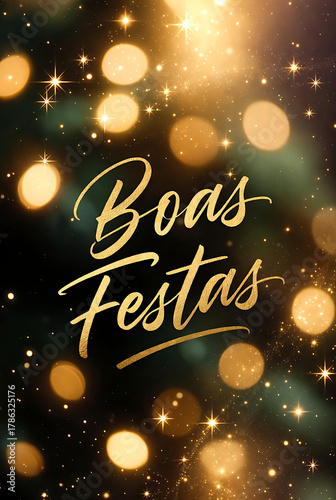 Elegant Golden 'Boas Festas' Calligraphy on Sparkling Bokeh Holiday Background