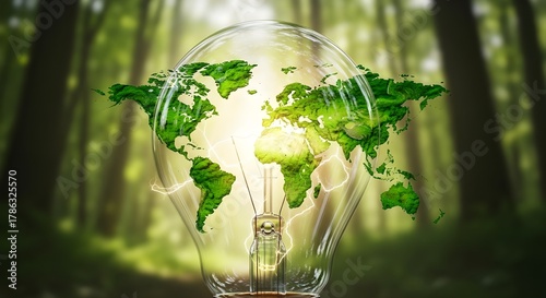 The green world map is on a light bulb that represents green energy Renewable energy that is important to the world. green envioranment