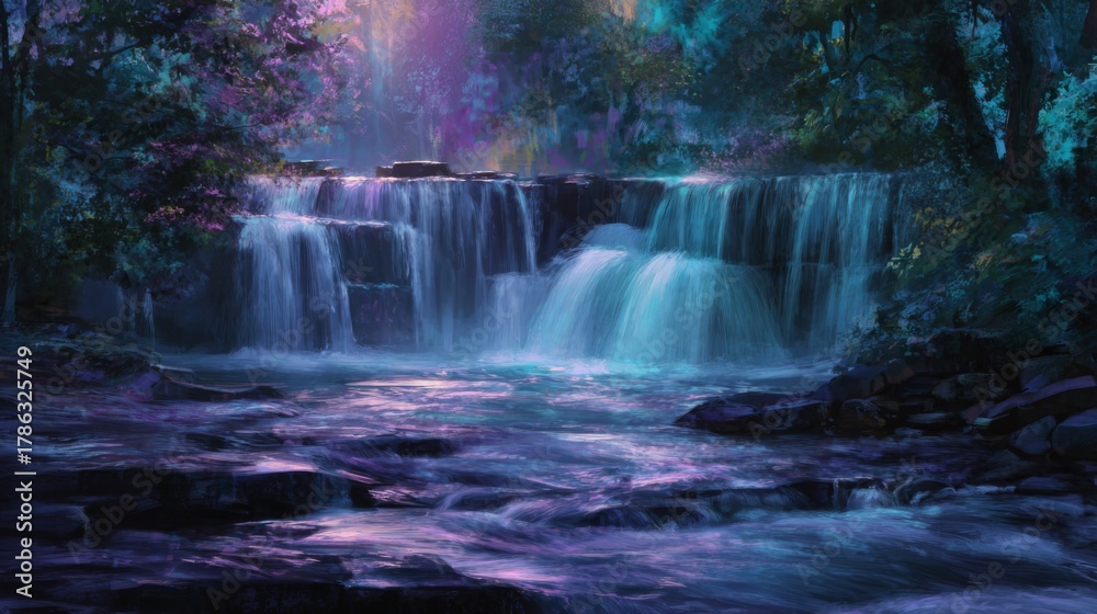 Obraz premium Serene Sunset Waterfall Scene at Dusk with Silky Smooth Flow and Ethereal Lighting Effects