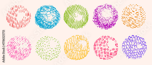 Round hand drawn ball in doodle style. Set of crosshatch grunge simple texture different color and style. Ink, pencil or pen vector elements.