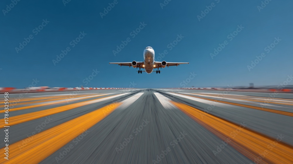 Naklejka premium Airplane Taking Off from Runway View with Clear Blue Sky Perspective and Dynamic Horizon Lines