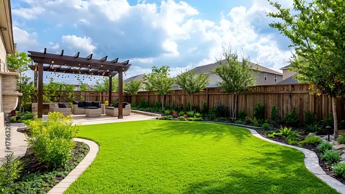Idyllic Backyard Oasis Green Lawn, Pergola & Serene Outdoor Living