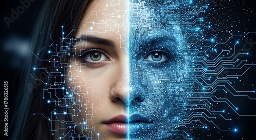 Woman digital interface face half human technology concept