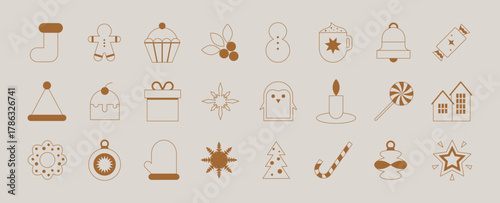 Christmas icon set. New year banner with gold holiday icons, abstract geometric elements, symbols, modern winter stickers. Simple vector illustration