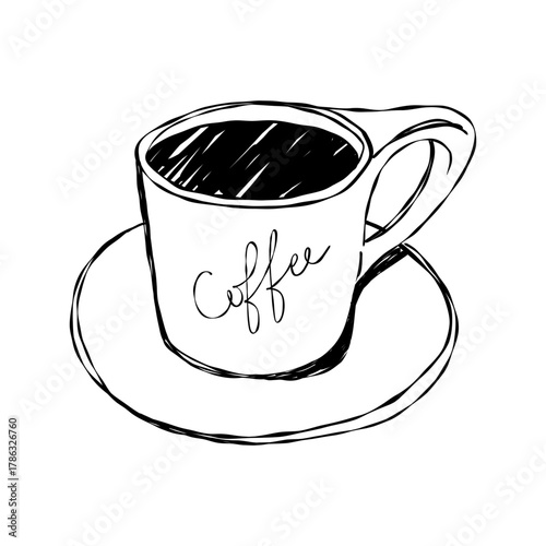 Coffee cup doodle icon. Hand drawn sketch of cappuccino mug with word coffee, simple print for cafe menu design. Vector isolated poster