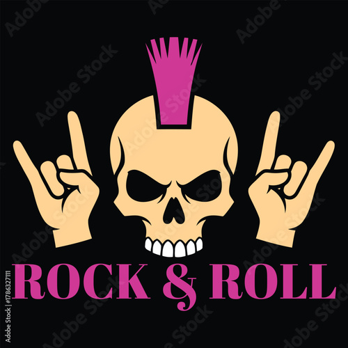 Rock and roll punk skull with mohawk and hand horns sign vector illustration