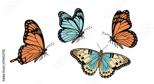 A quartet of colorful butterflies in flight, featuring shades of orange and blue, captured in a dynamic arrangement against a white background.