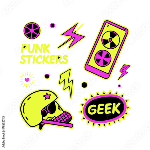 Vibrant pop art style sticker pack featuring a skull in a helmet smartphone and lightning bolts