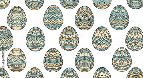 Pattern of ornately decorated Easter eggs in pastel shades of blue and yellow, featuring intricate geometric and floral designs, perfect for spring.