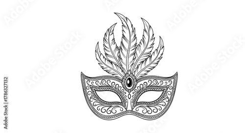 Intricate line art illustration of a decorative masquerade mask adorned with feathers and a central jewel, evoking mystery and elegance.