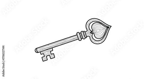 Ornate black and white illustration of an antique key with a heart-shaped bow, representing mystery, secrets, or access.