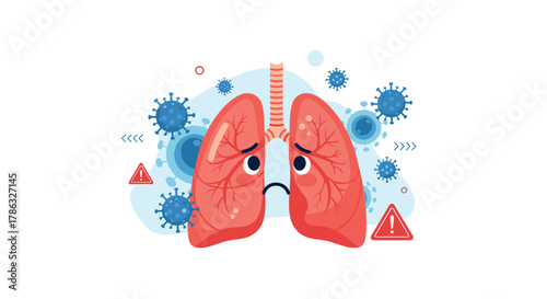Illustration of lungs afflicted by viruses, depicted as sad characters surrounded by coronavirus symbols and warning signs, representing respiratory illness.