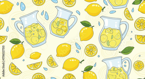 Refreshing seamless pattern of lemonade pitchers, lemons, and slices, with stylized water drops, evoking a sense of summer refreshment and citrus.