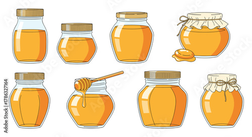 Collection of various glass jars filled with golden honey, showcasing different shapes and sizes, some with lids and ribbons, ideal for food or natural product themes.