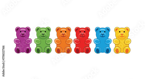 A row of colorful gummy bears in purple, green, orange, red, blue, and yellow, presented against a white background, symbolizing candy and sweets.