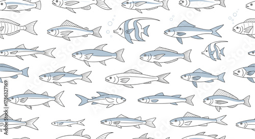 Seamless pattern of various fish in a light blue underwater scene, depicted with detailed lines and soft blue accents, showcasing marine diversity.